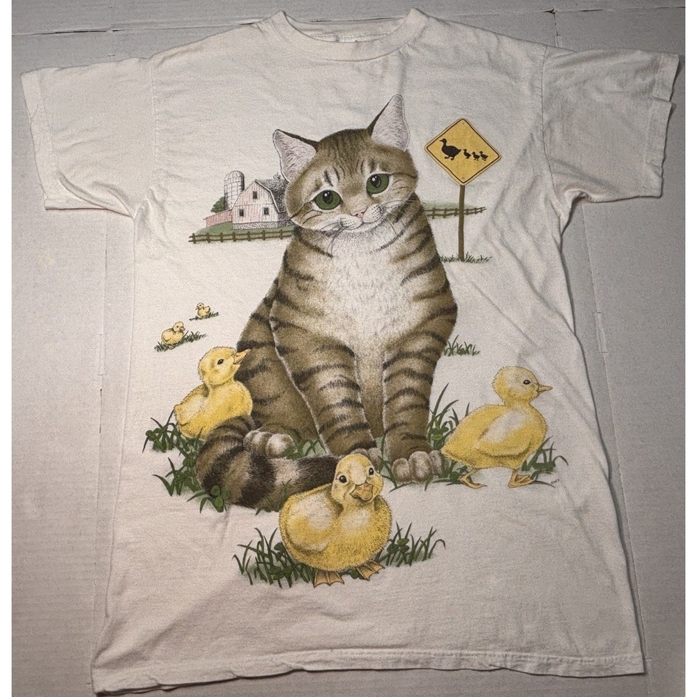 Vintage Cat Duck Graphic T Shirt‎ Farm Cottagecore Animal Tee Large